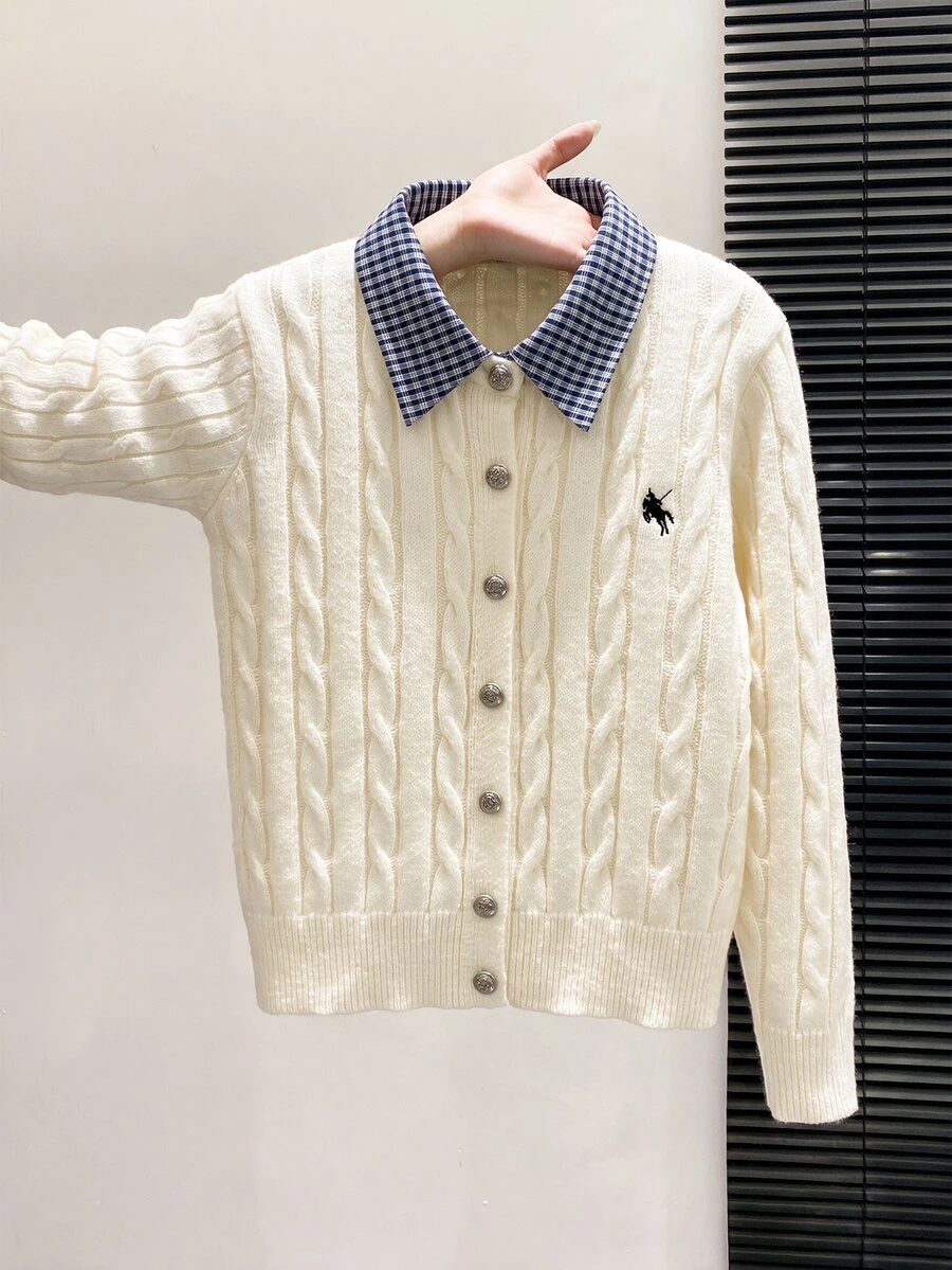 GlowEve CURVE New Arrival Plus-Size Women's Autumn & Winter Knit Cardigan, 2 In 1 Design With 3D Twisted Rope Texture And Off-White Plaid Collar, Preppy Sty - Beige - View 1