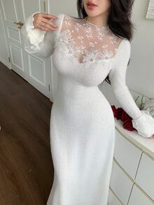 Feyla Women's Lace Patchwork 3D Floral Decor Elegant Waist-Cinching Mid-Length Dress For Party And Gathering - Pink - View 7