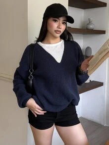 DAZY Women's Fall Navy And White V-Neck Long Sleeve 2 In 1 Colorblock Patchwork Loose Layered Casual Preppy Streetwear Daily Knit Sweater Commuting Brunch Winter - Navy Blue - View 5
