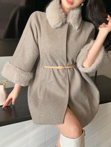 DAZY Women's Vintage Elegant Faux Fur & Wool Blend Coat - Apricot - View 4