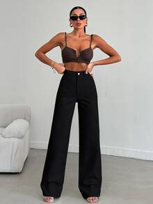 SHEIN Tall بنطلون جينز أسود طويل بخصر عالي وقصة عادية وأسلوب كاجوال وغسيل شطف وأزرار أمامية وقصة مستقيمة - الأسود - مشاهدة 6