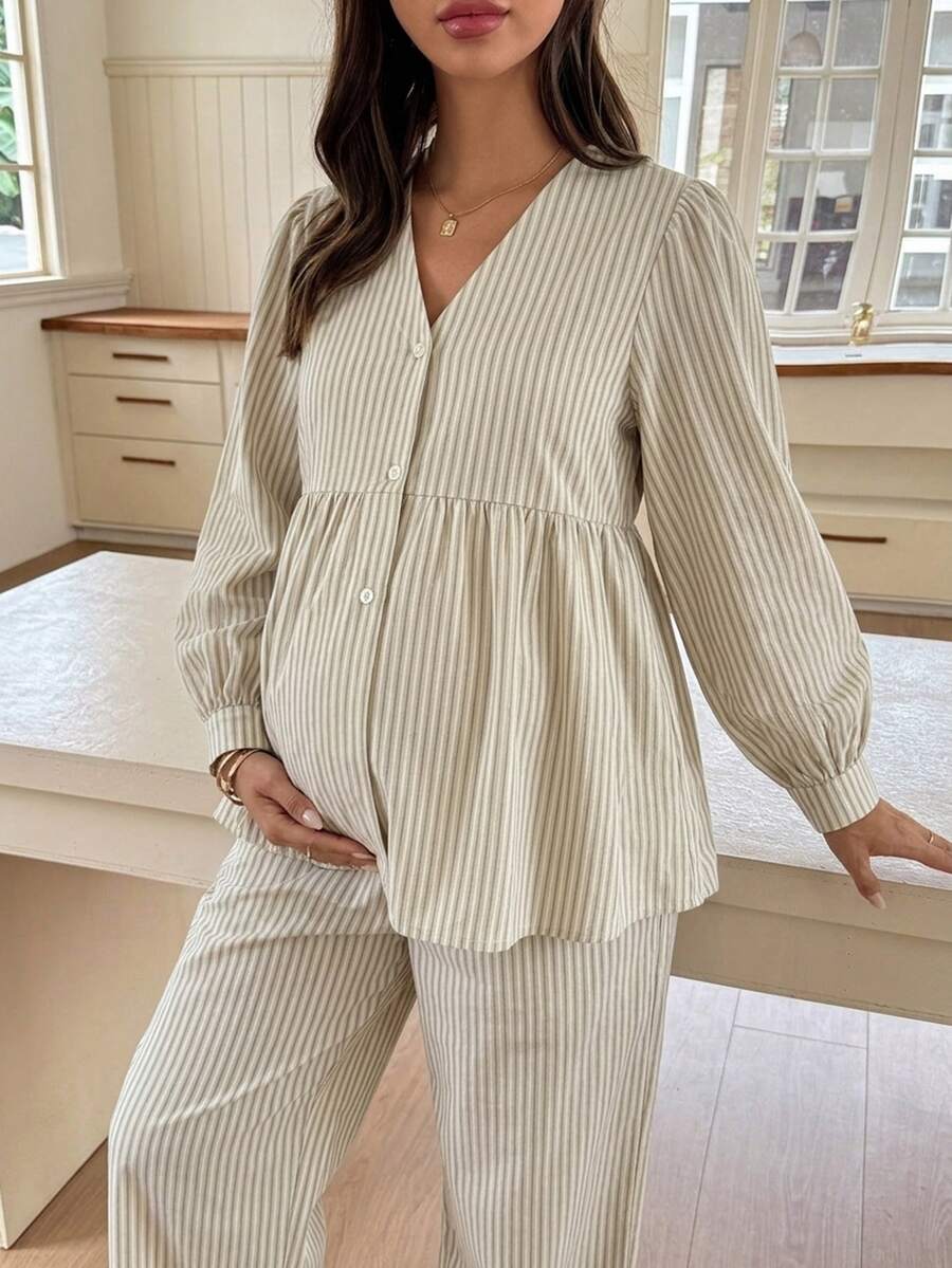 Dazy Maternity 時尚條紋兩件式套裝 寬鬆短袖上衣與休閒長褲 日常穿搭 孕婦適用 - 杏色 - 查看 1