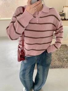 Dazy Plus Sweater Pullover Longgar Kasual dengan Motif Patchwork Blok Warna untuk Musim Gugur/Dingin - Berwarna merah muda - View 5