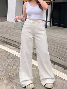 Dazy Plus Quần jean denim trắng toàn bộ ống đứng dáng rộng thoải mái mới cho mùa xuân/thu, phong cách thường ngày, phù hợp đi du lịch và làm khách mời đám cưới - trắng - Xem 5