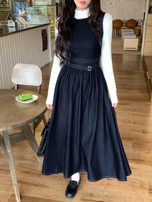 DAZY Women's Sleeveless Denim Dress With Belt - Blue - View 1
