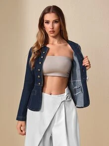 Selenza Jaket Denim Kasual Wanita Kancing Ganda, Musim Gugur - Dark Wash - View 8
