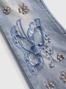 ROMWE Fairycore American Retro Washed Y2K Hot Girl Heavy Embroidery Butterfly Rhinestone Plus Size Women Slim Fit Flared Jeans - Blue - View 4