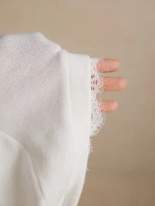 Poéselle Women's Elegant Solid Color Lace Trim T-Shirt, Autumn - White - View 10