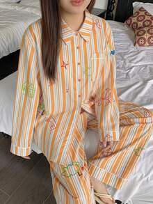 Dazy Plus 時尚可愛卡通印花滿版花卉條紋寬鬆女款大尺碼兩件式居家服套裝 春秋睡衣 - 橘色 - 查看 4