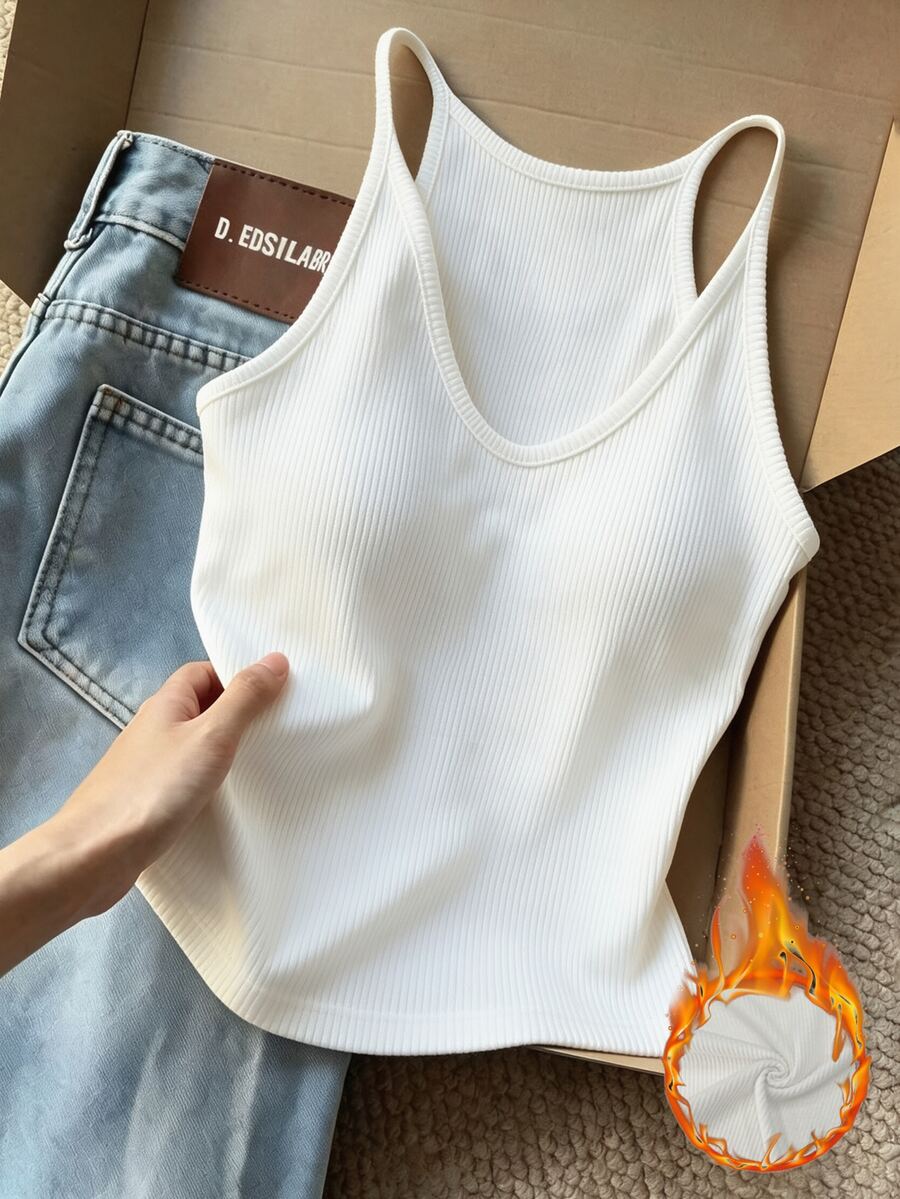 SHEIN Franclia Women's Tank Top, Solid Color Brushed Ribbed V-Neck Sleeveless Fitted Top, White Top, Autumn/Winter Layering, Casual Tank - White - View 1