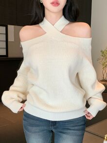 DAZY Autumn/Winter Cross Halter Neck Off Shoulder Loose Elegant Date Party Beige Women Sweater - Beige - View 1