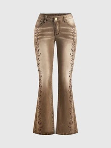 ROMWE Celana Jeans Wanita Model Flare Pinggang Rendah Bergaya Hippie Vintage Warna Cokelat dengan Efek Sobek dan Motif Cetak - Coklat - View 1