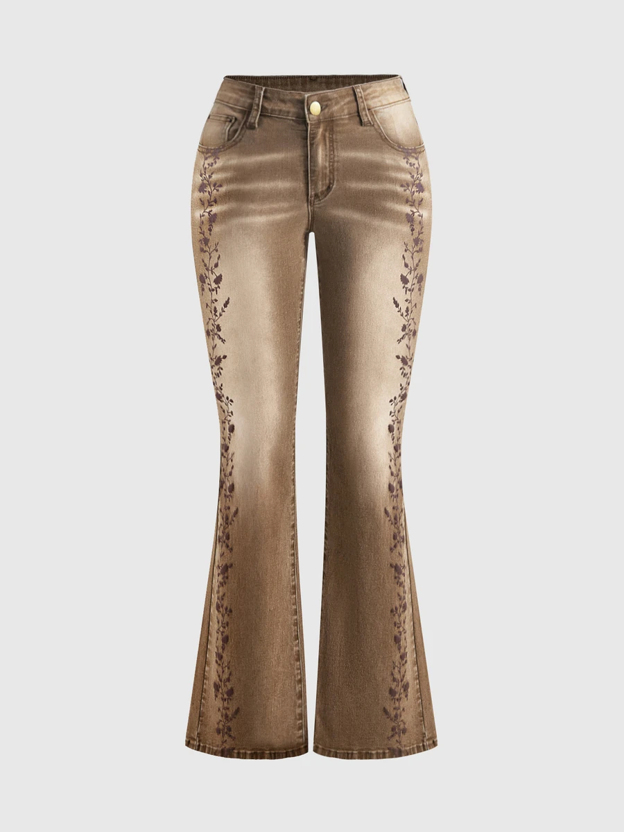 ROMWE Celana Jeans Wanita Model Flare Pinggang Rendah Bergaya Hippie Vintage Warna Cokelat dengan Efek Sobek dan Motif Cetak - Coklat - View 1