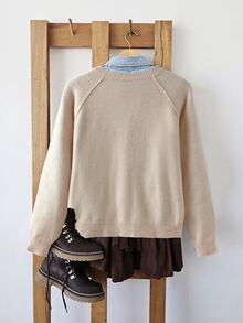SHEIN LUNE Women's Bow Textured Raglan Long Sleeve Casual Sweater - Apricot - View 2
