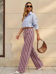 Selenza Women's Pocket Design Striped Straight Leg Loose Casual Denim Jeans - Red Violet - View 4