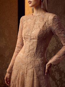 MOTF Soiréza ELEGANT WOMEN ROUND NECK LONG SLEEVE 3D FLORAL BEADED EMBROIDERY MAXI GOWN FOR FORMAL EVENING PARTY - Champagne - View 2