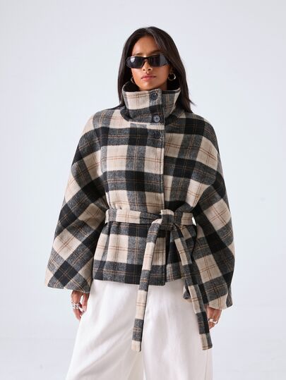 LYSMO Double-Sided Plaid Wool Cape Collar Jacket, Women Fall Coat ...