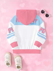 THE POWERPUFF GIRLS X SHEIN Young Girls Colorblock Patchwork Cartoon Print Hooded Sweatshirt - White - View 2
