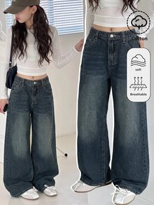 Coolane Kids 女童復古深藍色牛仔寬鬆長褲 - 藍色 - 查看 3