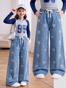 SHEIN 青少年女孩蝴蝶結刺繡圖案藍色牛仔寬鬆長褲 - 藍色 - 查看 3