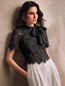 Anewsta Autumn French Gentle Style Black Hollow Lace Bow Versatile Women's Blouse - Black - View 4