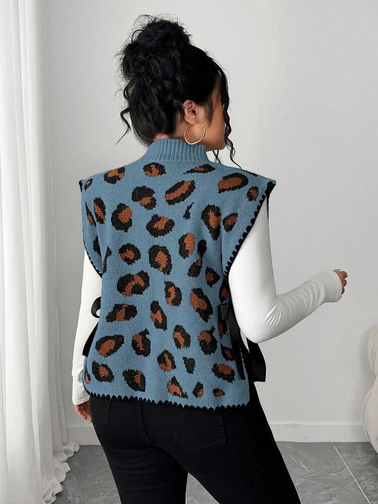 Elenzga Women's Autumn/Winter Elegant Fashion Leopard Print Tie-Up Sleeveless Loose Slimming Plus Size Knit Vest Sweater, Outwear Top - Baby Blue - View 2