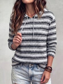 SHEIN LUNE 女款條紋長袖休閒抽繩運動衫 - 彩色 - 查看 5