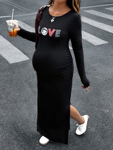Lyckli Betty Boop x SHEIN Maternity Casual Letter Embossed Side Slit Dress, Autumn - Black - View 1