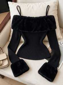 Elenzga Plus Size Elegant Fuzzy Patchwork Ribbed Brushed Off-Shoulder Camisole T-Shirt - Black - View 2