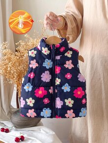 SHEIN 幼女加厚鋪棉背心 可愛甜美海軍藍粉色花卉印花 絎縫無袖立領 厚款戶外度假冬季外套 秋季 - 彩色 - 查看 1