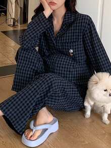 DAZY Contrast Color Plaid Pattern Embroidered Loose Long Sleeve Top & Straight Leg Pants Casual Daily Home Wear Spring Autumn Maternity 2 Pieces Set - Blue - View 5