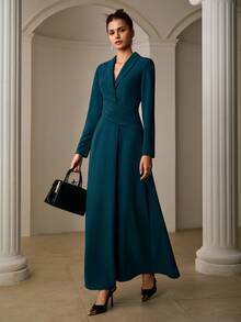 ZEYLAH Elegant Commuter Blazer Collar Dress - Teal Blue - View 5