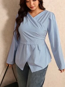 Elaquor Plus Size Autumn Casual Striped Wrap Shirt - Blue and White - View 1