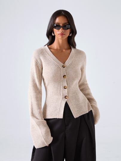 LYSMO Autumn/Winter V-Neck Waist-Cinching Bell Sleeve Elegant Women's Sweater, Women Fall Winter Sweater , Autumn Clothes, Winter Outfit For Women