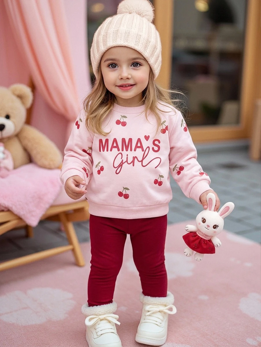 SHEIN 2pcs/Set Cute Cherry Pattern Sweatshirt & Elastic Waist Long Pants Outfit For Baby Girls - Pink - View 1