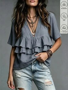 SHEIN Fiorisel Women's Casual Vacation Style Ruffle Hem Blouse - Dusty Blue - View 5