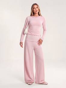 Avantive Women's Sweet Frill Trim Top And Striped Colorblock Pants 2 Pieces Set - Pink - View 7