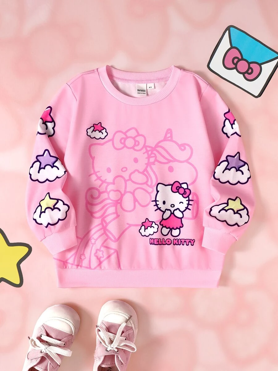 HELLO KITTY AND FRIENDS | SHEIN Young Girls Cartoon Print Crew Neck Sweatshirt - Pink - View 1