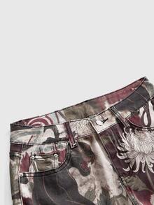 ROMWE Vintage Music Festival Plus Size Women's Printed Denim Jeans, Oriental Graffiti Design, High Waist Slim Fit Street Party Plus Size Mid-Length Pants - Multicolor - View 3