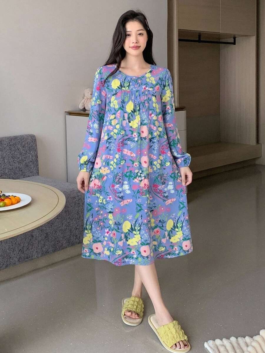 DAZY 女款花卉印花圓領長袖休閒睡袍 秋季 - 藍色 - 查看 1