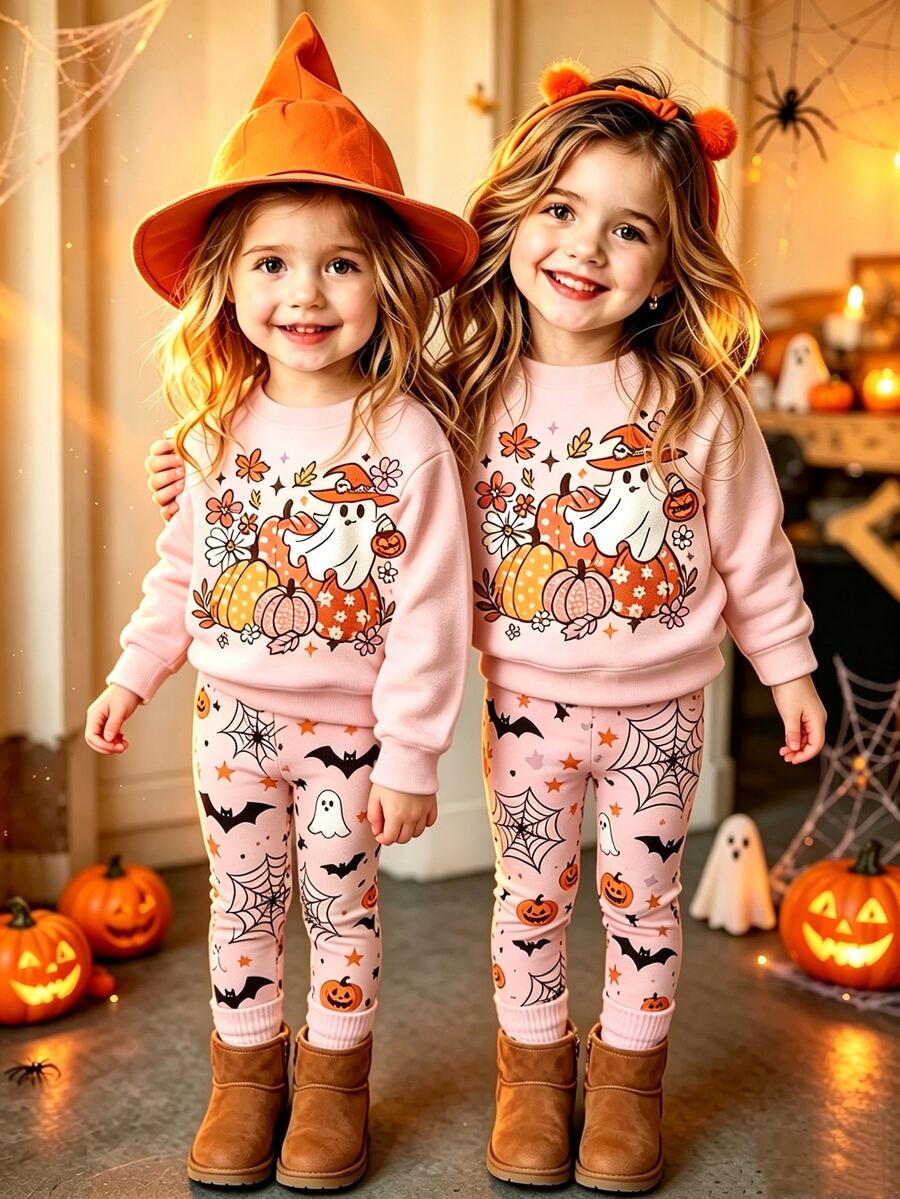 Oo Cute To Spook 幼童女童萬聖節套裝,可愛幽靈與南瓜印花衛衣及蜘蛛網圖案內搭褲套組 (2件裝),秋季服飾系列 - 彩色 - 查看 1