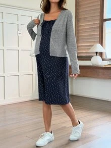 Dazy Maternity Ditsy Floral Camisole Dress & Fitted Cardigan Set, Casual Vacation Korean Style Spring/Autumn Maternity 2 Pieces Outfit - Blue - View 6