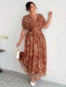 Firerie 女款優雅波西米亞度假通勤休閒法式浪漫交叉褶皺蝙蝠袖收腰傘擺長洋裝 V領性感米色 - 棕色 - 查看 4
