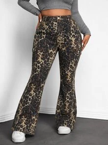 Jeanoix Plus Size Women's Leopard Print Cargo Pocket Casual Flare Jeans - Multicolor - View 5