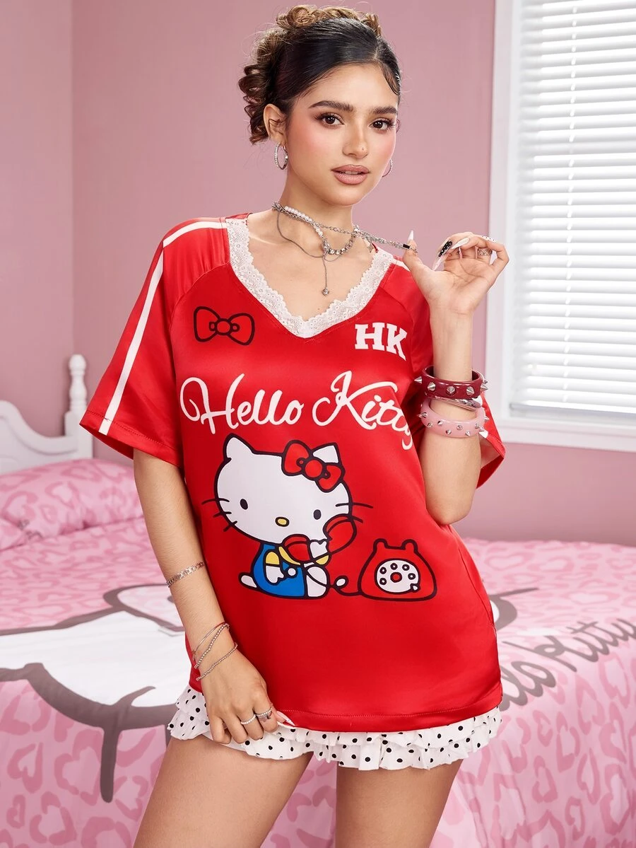 HELLO KITTY AND FRIENDS | SHEIN Women's Letter Cartoon Print V-Neck Raglan Short Sleeve Casual Top - Red - View 1