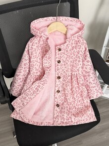 SHEIN 女童粉色豹紋連帽保暖內裡中長版外套，小女孩鈕扣開襟抓皺加厚夾克，秋冬款 - 粉色 - 查看 5