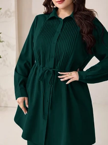 Modelyn 大尺碼女款純色百褶長袖上衣與長褲休閒日常兩件套 - 墨綠色 - 查看 6