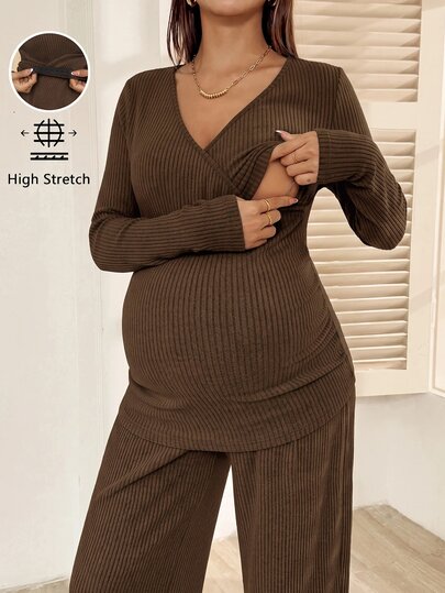 SHEIN Maternity 2-delat set med enfärgad långärmad t-shirt och långbyxor med justerbar midja, casual amningsset