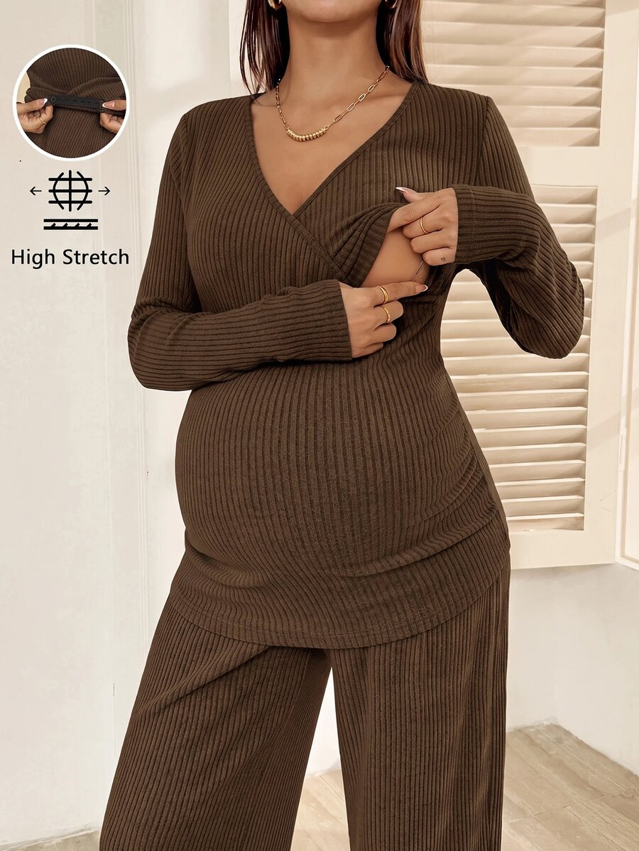 SHEIN 孕婦純色長袖T恤與可調腰長褲休閒哺乳兩件套 - 咖啡棕 - 查看 1