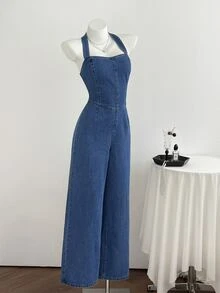 Elamini Festival Standard Size Women's Blue Non-Stretch Halter Neck Denim Jumpsuit - Medium Wash - View 4